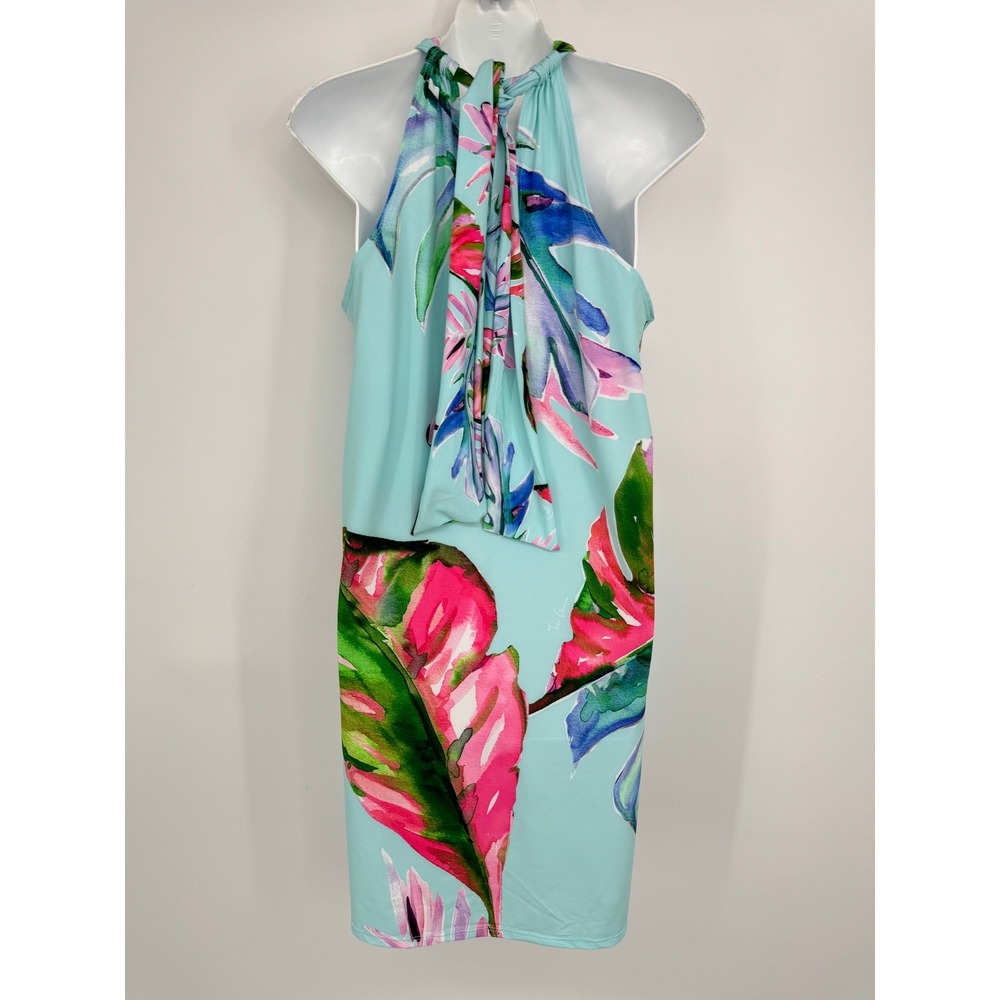 Tara Grinna Halter Dress Large Blue Tropical Floral Palm Leaf Beach Vacation - Picture 6 of 10